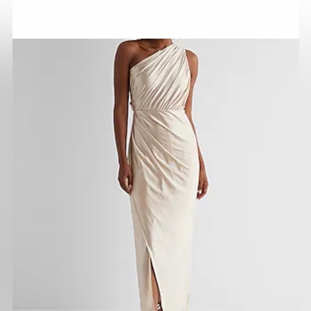 NWT Express Satin One-Shoulder Sandshell Draped Dress Maxi